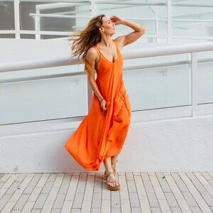 Geneva Dress Halter Neck Adjustable Strap Midi Maxi Flowy Boho Travel Tangerine